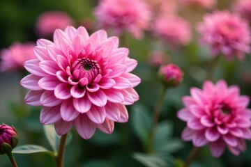 Pink chrysanthemum in soft focus with copy space, closeup, chrysanthemum garden