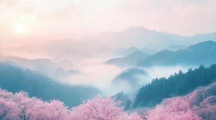 ethereal mountain valley at sunrise, delicate pink cherry blossoms floating on wind, soft watercolor technique, misty atmosphere, traditional japanese aesthetic, dreamy pastel colors