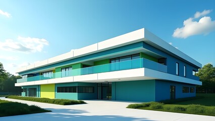 Fototapeta premium Modern minimalist school building with bold horizontal lines of color