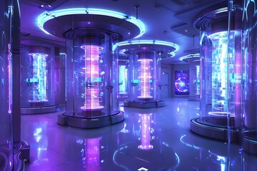 Obraz premium Futuristic Laboratory With Illuminated Glass Enclosures
