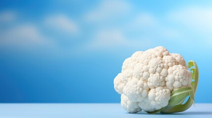 A close-up photograph of a cauliflower with green leaves attached to it.