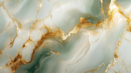 ethereal swirling marble pattern with iridescent gold veins, liquid-like flow in cream and sage green, dramatic lighting highlighting metallic accents, ultra-high resolution texture