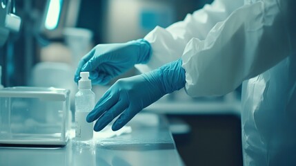 A close-up of a healthcare professionalâ€™s hand disinfecting medical equipment, symbolizing cleanliness and hygiene in hospitals