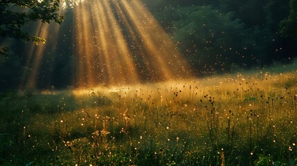 Magical sunbeams breaking through forest trees illuminate a misty wildflower meadow at dawn, creating ethereal atmosphere with golden light and floating dust particles.