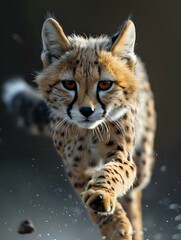 Fototapeta premium Close-up portrait of a majestic cheetah walking forward with intense blue eyes, spotted fur pattern, and dramatic lighting perfect for wildlife magazines and nature publications.