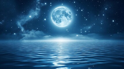Full moon over calm ocean at night, starry sky background, perfect for serenity, dreams, or travel websites