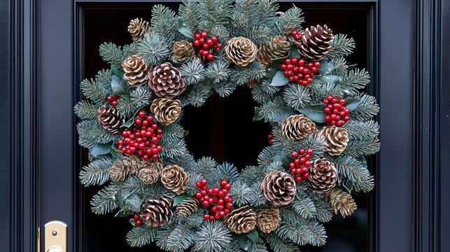 Festive Christmas Wreath with Pine Cones and Berries on Dark Blue Door