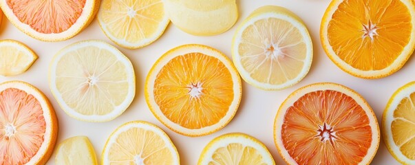 Obraz premium Colorful citrus fruit slices arranged artistically on a light background.