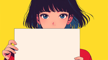 Fototapeta premium 文字を入れられる白い看板を持った女性。80年代90年代の日本のアニメをモチーフにしたレトロなイラスト。