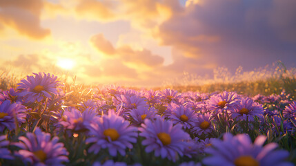 Fototapeta premium field of vibrant purple asters swaying gently in breeze under golden sunset sky, evoking serene and tranquil atmosphere