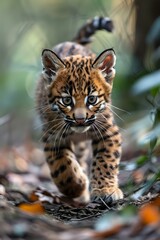 Obraz premium Adorable ocelot kitten with bright blue eyes walking through forest floor, spotted wild cat cub exploring natural habitat. Perfect for wildlife and nature publications.