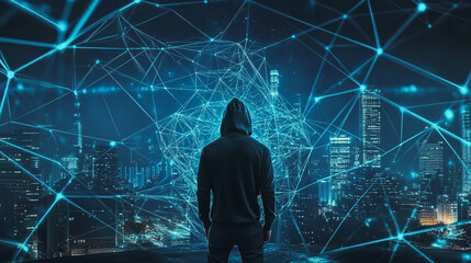Obraz premium Hacker are planning to hack and attack networks and cyber security systems.Smart digital city with connection Innovation network reciprocity over the cityscape