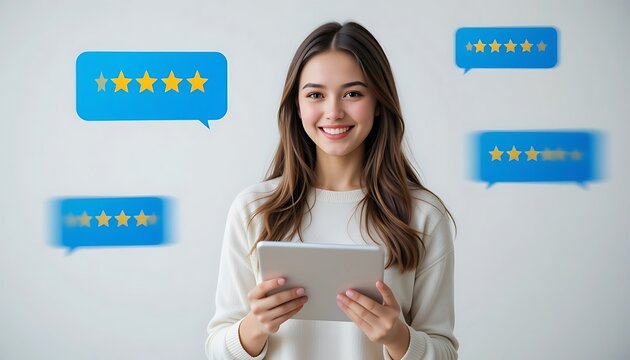 Happy young woman holding tablet, five-star ratings, positive feedback, excellent customer service, online review, satisfaction, happy client, digital technology, technology, feedback, review, rating