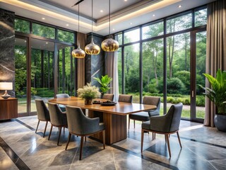 Fototapeta premium Modern Dining Room Design, Dark Marble, Forest View, Serene Interior, Nature Inspired, Minimalist Decor