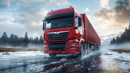 Red truck navigating through snowy landscape with mountains in background during sunset