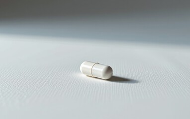 A single  capsule pill resting on a clean white surface, casting a subtle shadow.
