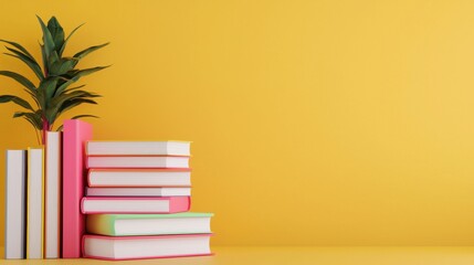 Colorful books stacked next to a plant against a bright yellow background.