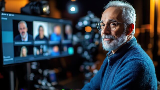 An older man with glasses sits in front of a computer screen displaying multiple video calls.