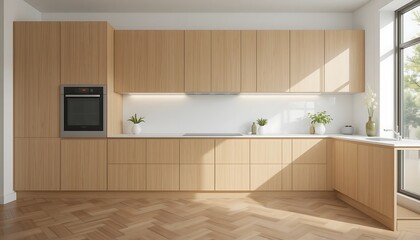 Modern minimalist light wood kitchen design with herringbone flooring and large window