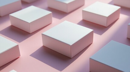 Fototapeta premium Pink background, white boxes, sunlight, product display, packaging