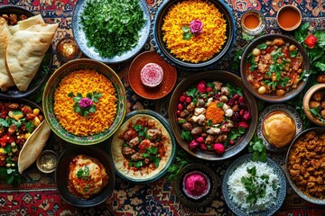 Vibrant display of various traditional dishes on a decorative table setting.