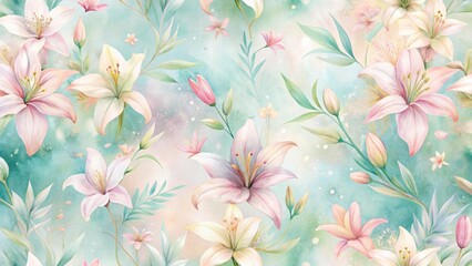 Elegant Watercolor Lilies and Delicate Foliage Seamless Pattern on a Soft Teal Background