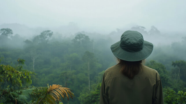 Back view woman in bucket hat overlooking misty rainforest