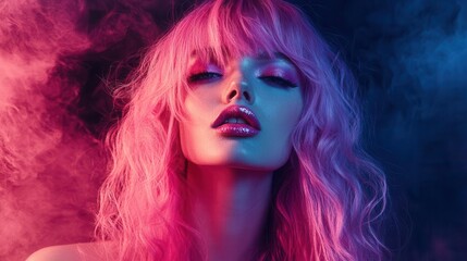 Fototapeta premium high fashion portrait of a model with neon pink wavy hair, dramatic open-mouth pose, glossy metallic pink lips, against dark background with artistic lighting and smoke effects