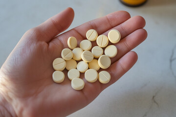 Hand holding a collection of yellow tablets on a marble surface during natural light