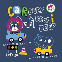 Cartoon lion and elephant driving colorful cars with traffic signs, cones, and a cityscape background. Playful transportation and urban adventure design concept
