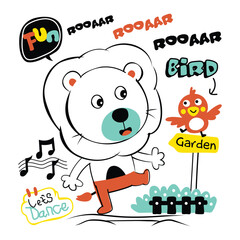 Cartoon lion dancing with a bird on a garden sign surrounded by music notes and playful text on a white background. Fun and cheerful animal design concept
