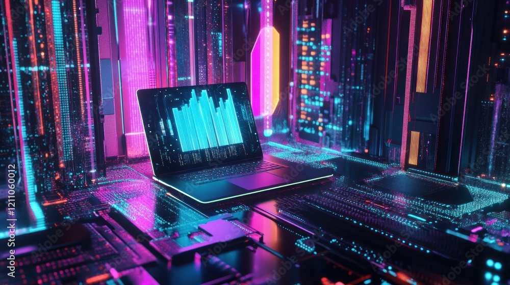 Aufkleber neon cyberpunk data visualization: a futuristic laptop displays dynamic data charts against a vibran