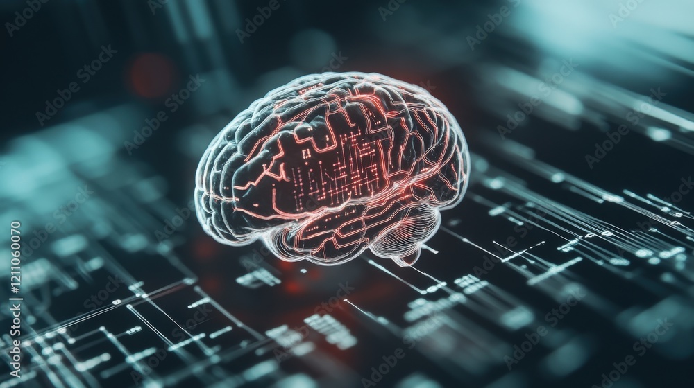 Poster Futuristic Digital Brain with Data Connections Visualizing Complex Neural Networks and Information Processing in Technological Background 3D Rendering