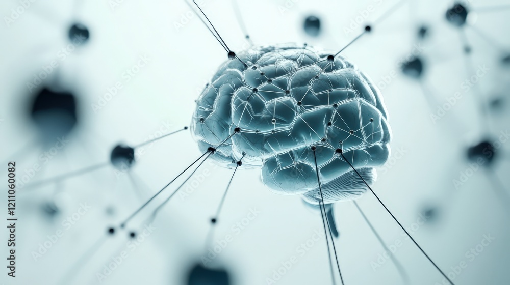 Poster abstract representation of a human brain connected by neural networks in a futuristic and technologi