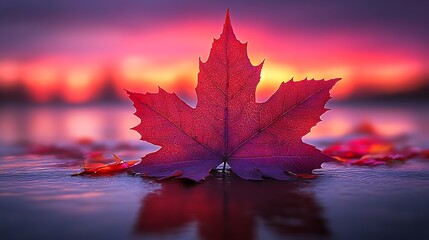 Red Maple Leaf at Sunset Water Reflection