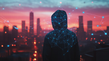 Hacker are planning to hack and attack networks and cyber security systems.Smart digital city with connection Innovation network reciprocity over the cityscape