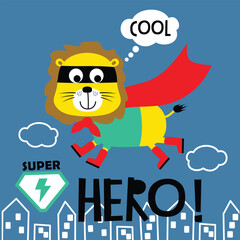 Cartoon lion superhero flying above a cityscape with a red cape and playful text on a blue background. Fun hero and adventure design concept
