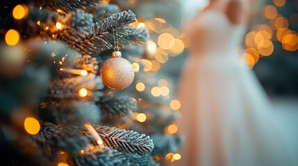 Festive Close-Up of Rose-Gold Christmas Ornament on Sparkling Tree