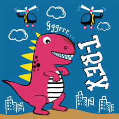 Cartoon T-Rex roaring in a cityscape with helicopters flying in the sky on a blue background. Playful dinosaur and urban adventure design concept
