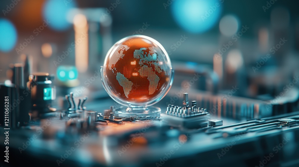 Aufkleber futuristic representation of a global network concept with a glass globe on a circuit board focusing
