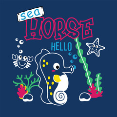 Fototapeta premium Cartoon seahorse surrounded by underwater plants, a crab, and a starfish on a deep blue background. Fun and playful ocean life design concept 