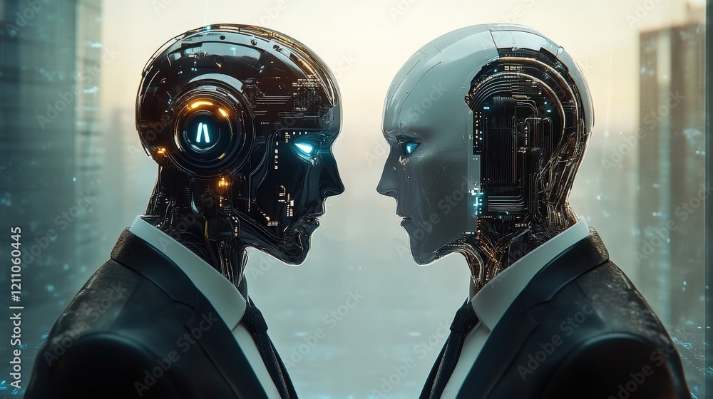 Poster two futuristic robots in suits engaged in a thought-provoking standoff in a modern cityscape, illust