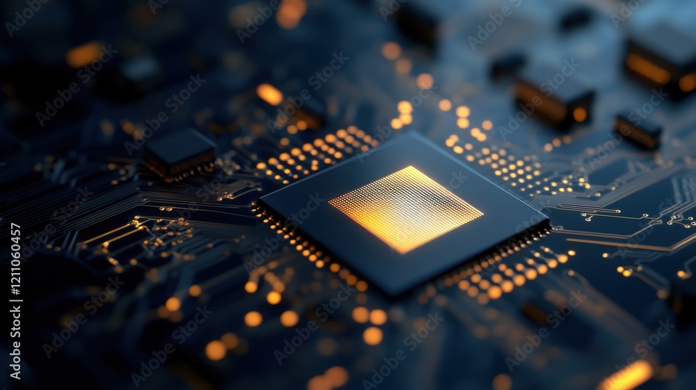 Aufkleber High-Tech Microprocessor on a Circuit Board with Glowing Components and Intricate Connections in a Dark Setting, Showcasing the Future of Technology