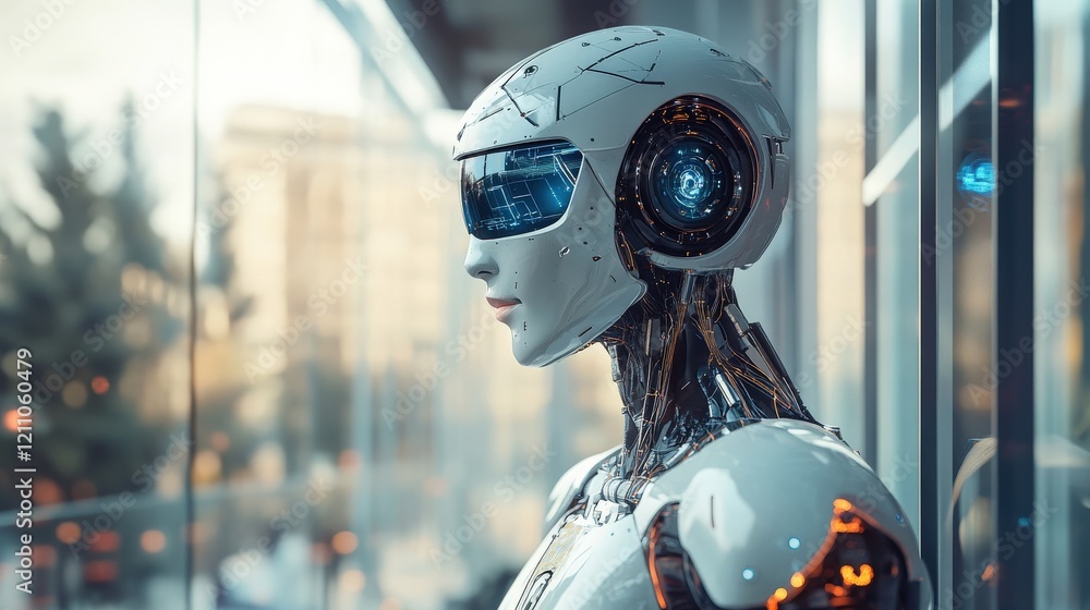 Poster futuristic humanoid robot with advanced technology, intricate circuits, and robotic features standin
