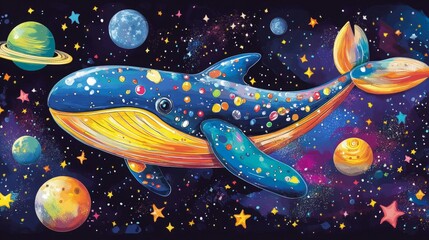 A vibrant cosmic whale swims through a starry galaxy, planets and stars surrounding it.
