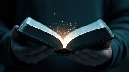 Fototapeta premium Enchanted Open Book with Glowing Light and Sparkles Creating a Mystical Atmosphere in a Dark Setting, Symbolizing Knowledge and Imagination