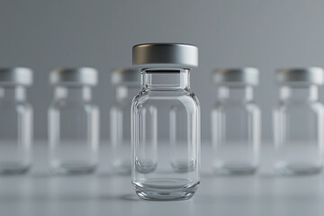 Glass vials arranged in a row with one centered on a reflective surface illuminating their clarity