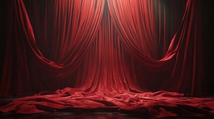 luxurious crimson theater curtain with deep folds and dramatic lighting, floating against dark background, capturing classic theatrical elegance and dramatic atmosphere
