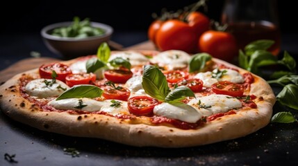 A freshly baked pizza topped with tomatoes, cheese, and basil leaves.