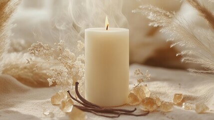 luxurious hygge still life featuring ivory pillar candle with vanilla pods, dried pampas grass, amber crystals, soft beige tones, ethereal smoke trails